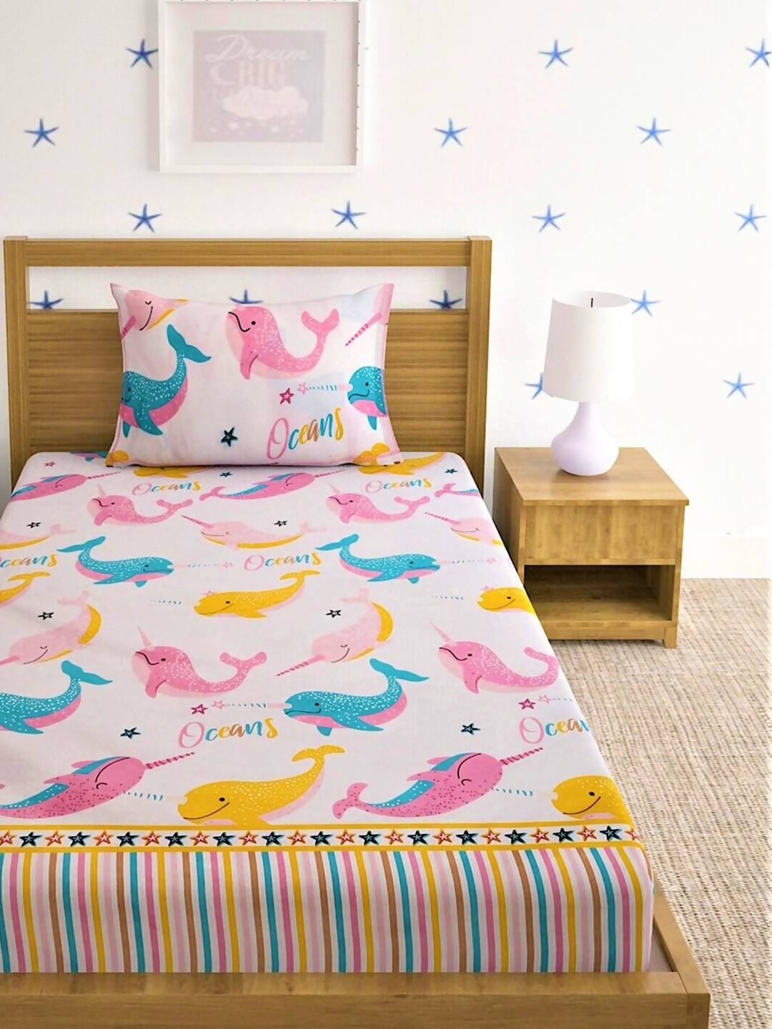 Home Sizzler Pink & Blue Cartoon 210 TC Cotton Bedsheet with Pillow Covers - Distacart