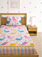Thumbnail for Home Sizzler Pink & Blue Cartoon 210 TC Cotton Bedsheet with Pillow Covers - Distacart