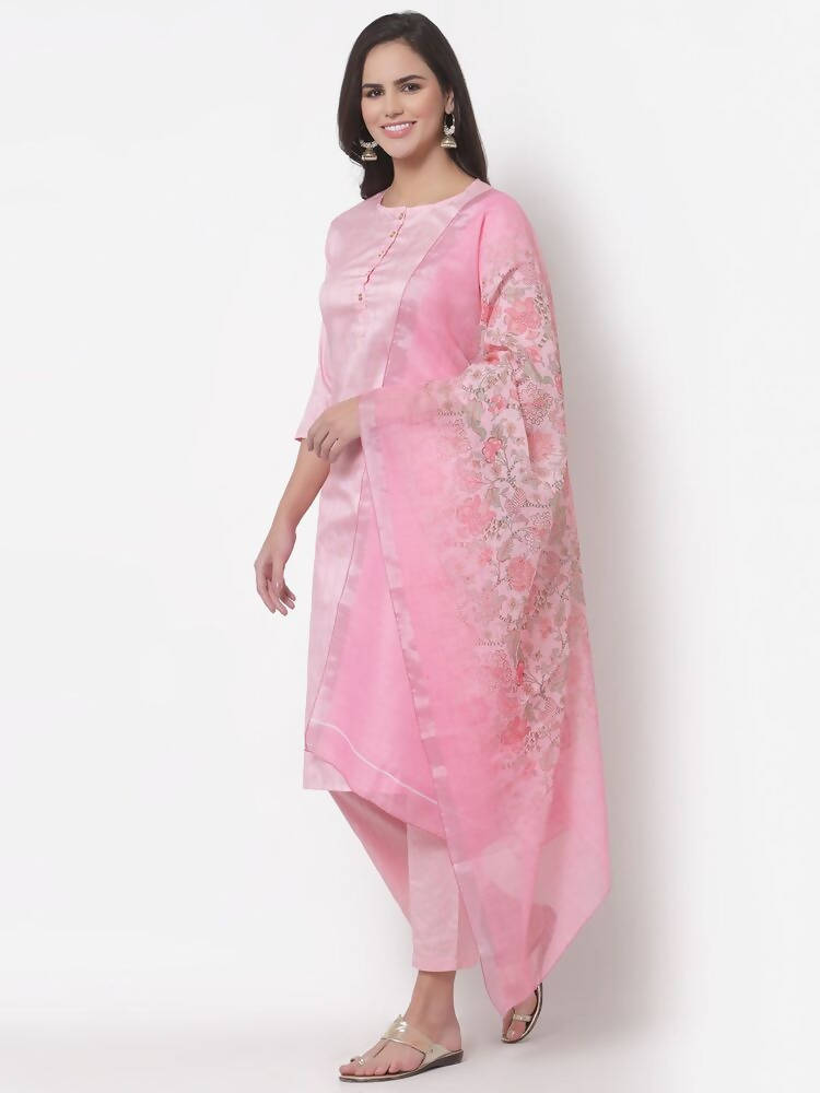 Myshka Women's Cotton 3/4 Sleeve Round Neck Casual Pink Kurta Pant Dupatta Set
