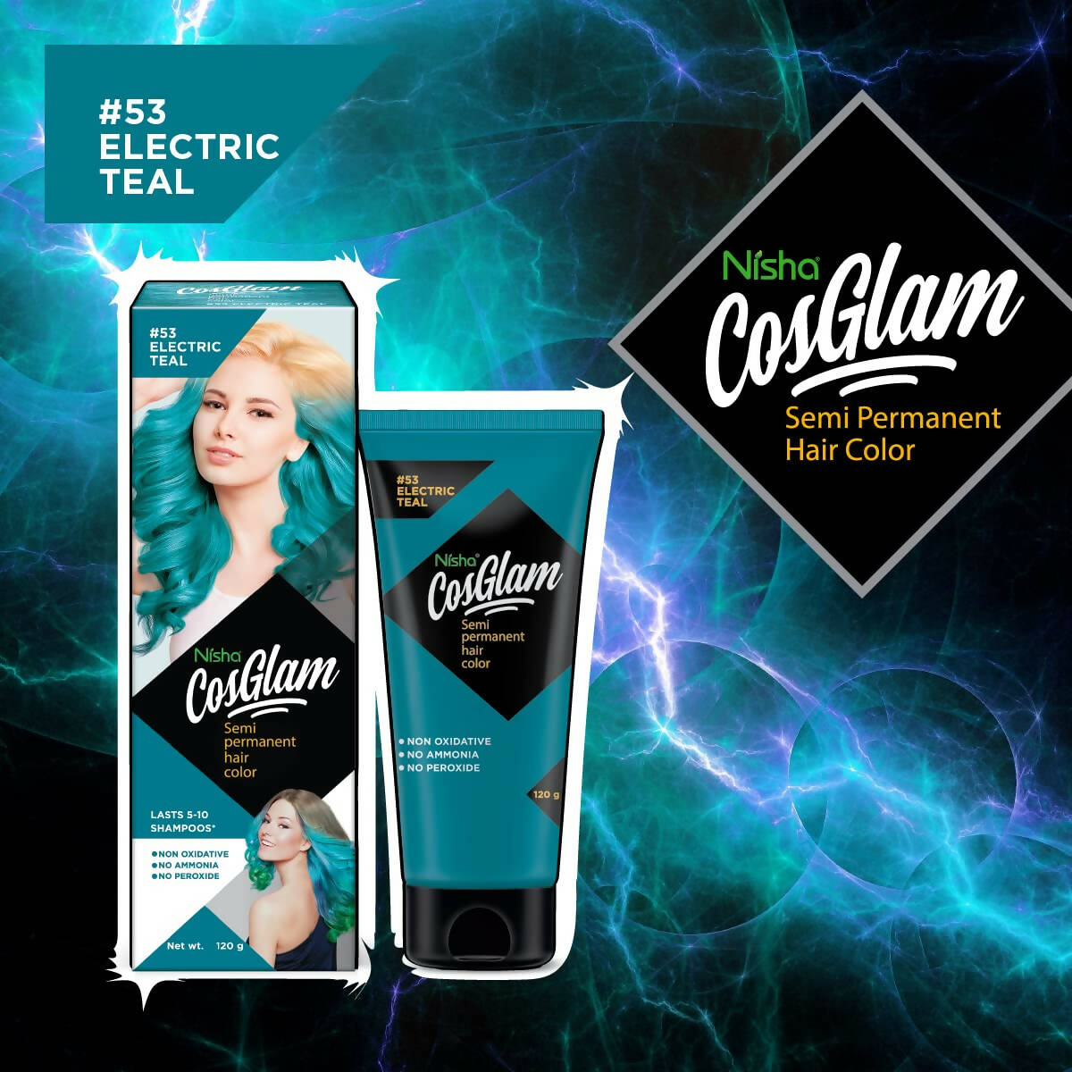 Nisha Cosglam Semi Permanent Hair Color 53 Electric Teal - Distacart
