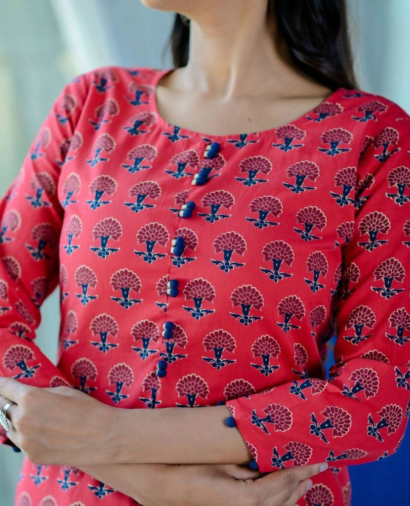 Yufta Women's Red Handblock Printed Kurta Set