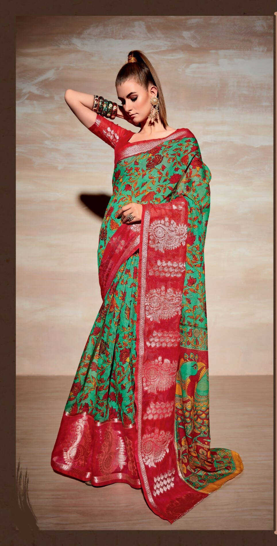 Sea Green Cotton Floral Printed Saree With Unstitched Blouse Piece - Kathika - Distacart