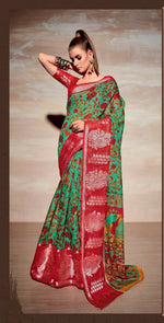 Thumbnail for Sea Green Cotton Floral Printed Saree With Unstitched Blouse Piece - Kathika - Distacart