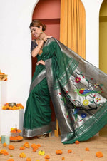 Thumbnail for Very Much Indian Handloom Dark Green Muniya Border Cotton Paithani With Parrot Pallu - Distacart