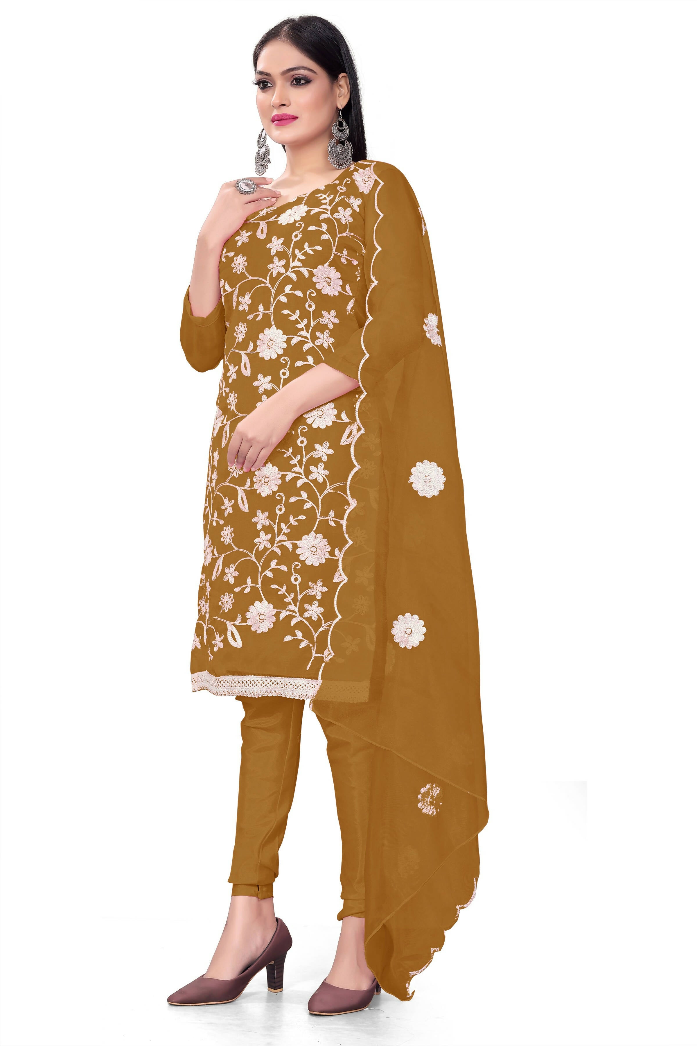 Olive Organza Silk Embroidered Work Unstitched Dress Material - Tanvi - Distacart