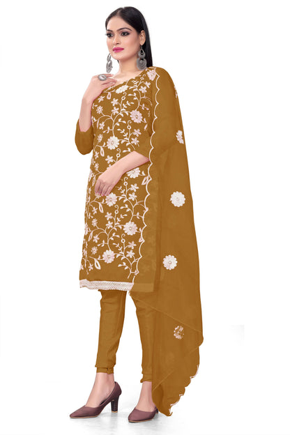Olive Organza Silk Embroidered Work Unstitched Dress Material - Tanvi - Distacart