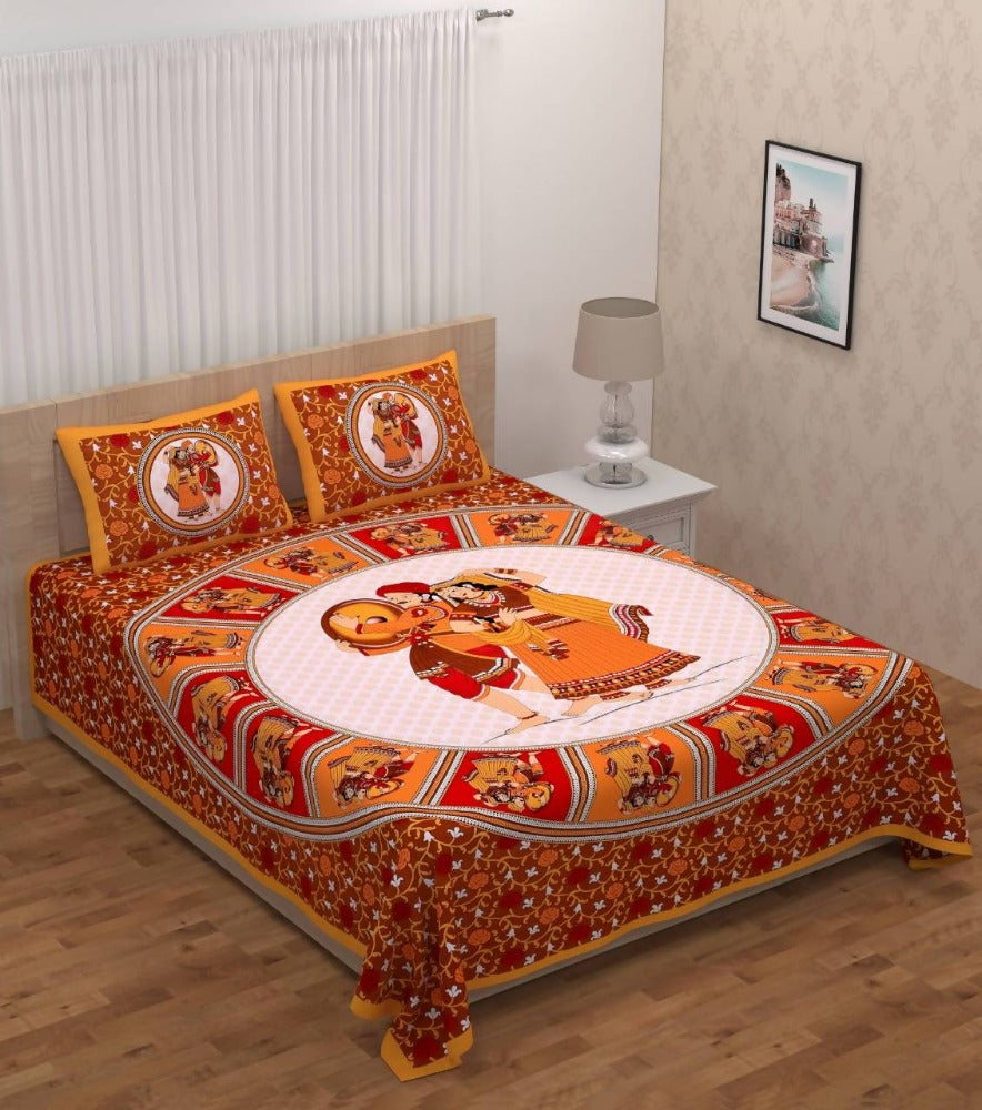 Vamika Printed Cotton Dafli Orange Bedsheet With Pillow Covers
