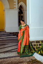 Thumbnail for Vishnu Weaves Women's Orange Patola Banarasi Silk Meenakari Zari Woven Saree with Blouse - Distacart