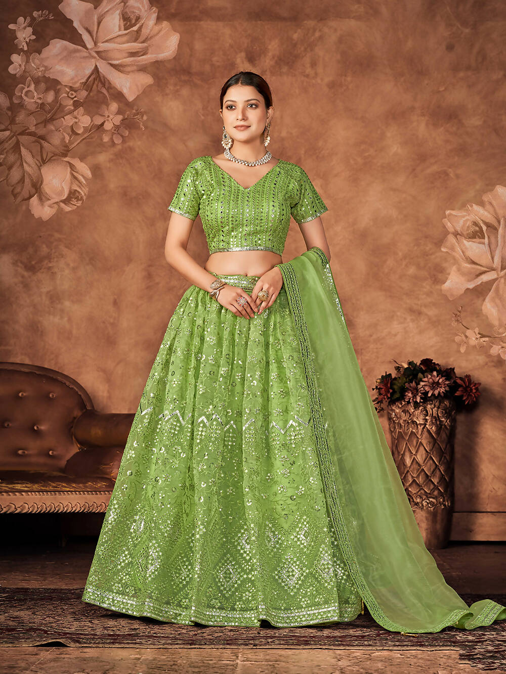 Wedding Designer Parrot Organza lehengha Choli - Anbazaar - Distacart
