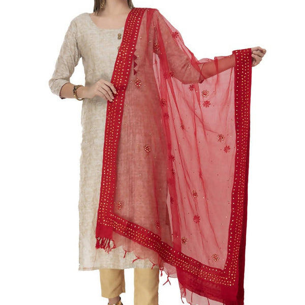 Mominos Fashion Red Orgenza Nug Embroidery Dupatta