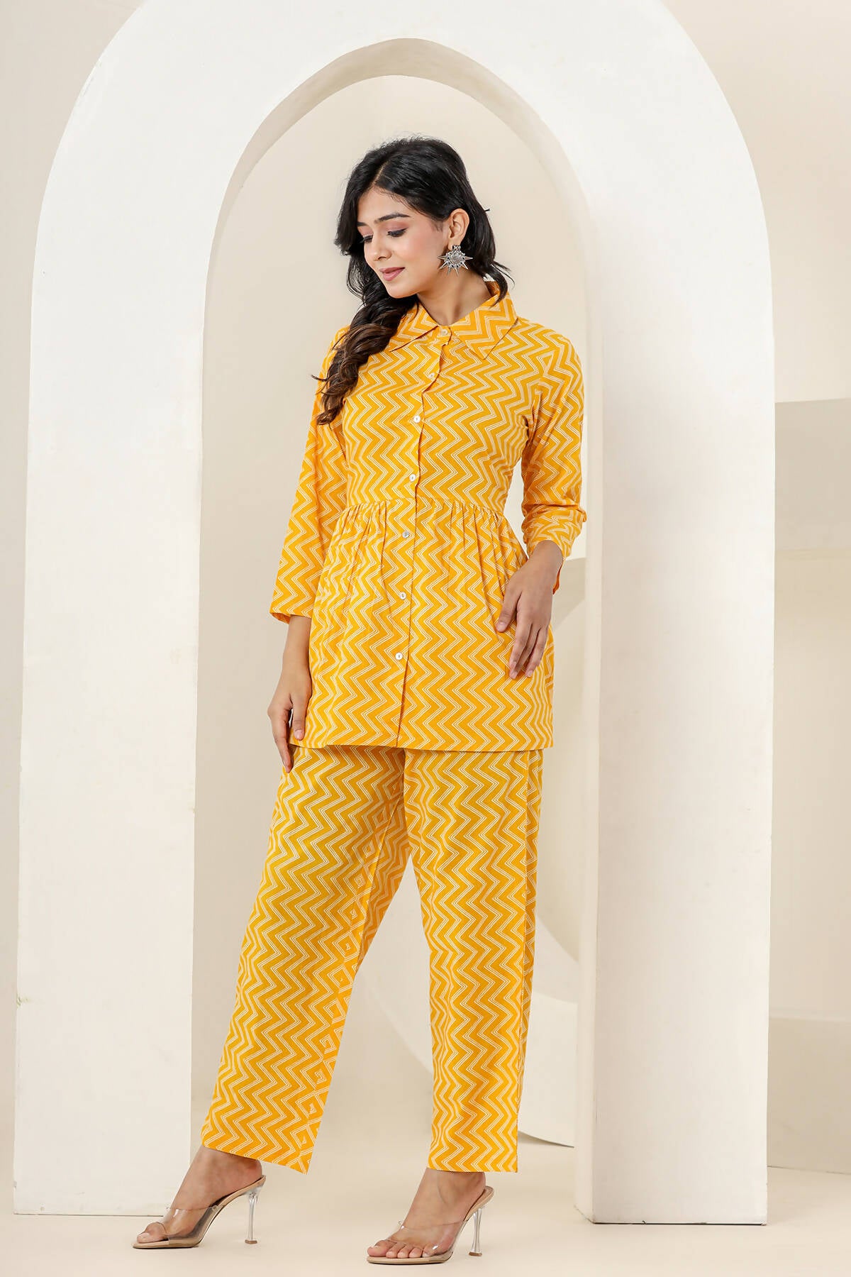 Kaajh Women's Yellow Zigzag Print Cotton Co-ord Set - Distacart
