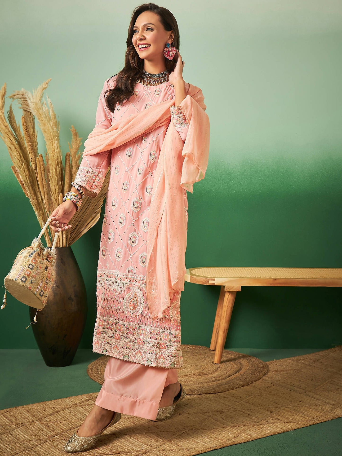 Peach Georgette Handwork Unstitched Dress Material - Hanika - Distacart