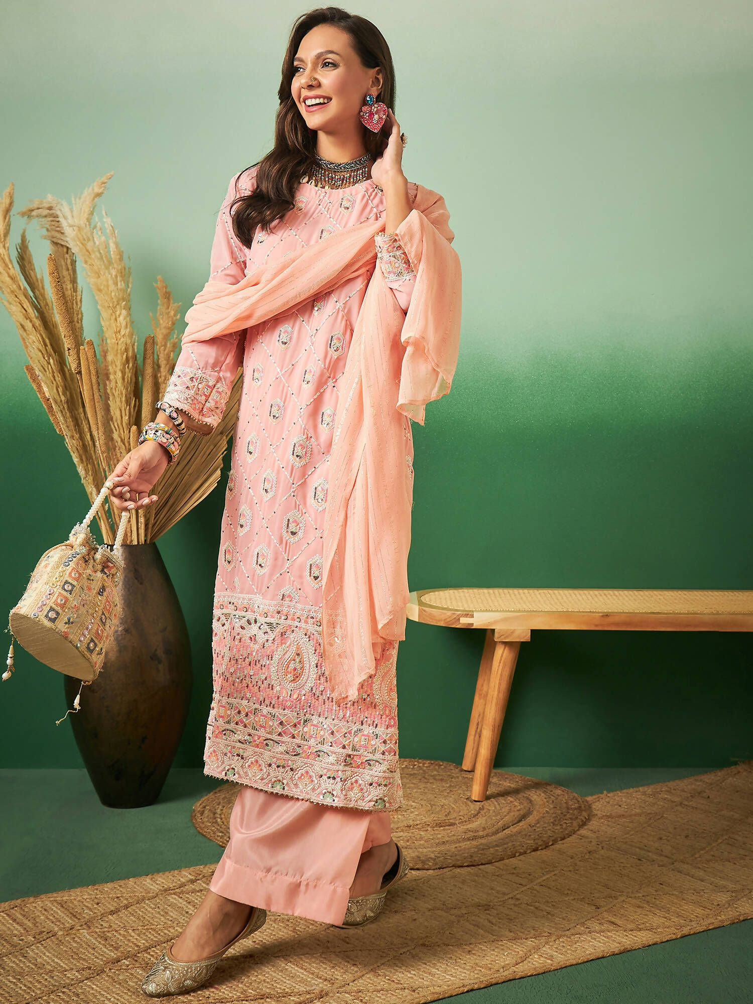 Peach Georgette Handwork Unstitched Dress Material - Hanika - Distacart