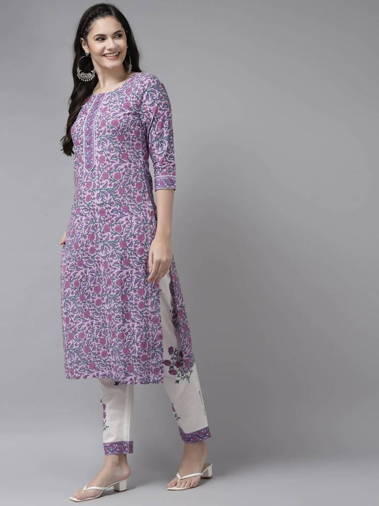 Yufta Women Lavender & White Ethnic Motifs Printed Kurta with Trouser & Dupatta