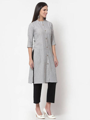 Myshka Women's Grey Cotton Stripe Pattern 3/4 Sleeve Round Neck Grey Kurti