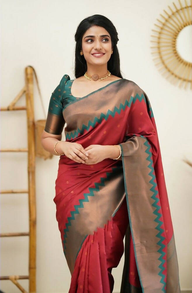 DEIANA'S Beautiful Golden Jari with New Design Soft Lichi Silk Saree - Maroon - Distacart