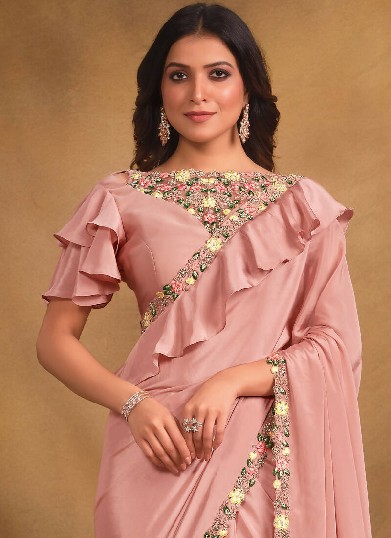 Pink Crepe Georgette Silk Designer Saree with Unstitched Blouse - Norita Mahitha - Distacart