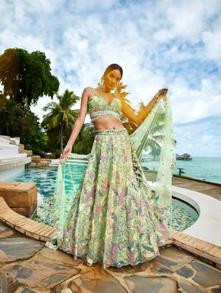 House of Panchhi Lime Green Organza Sequins And Mirror Embroidery Lehenga Choli & Dupatta - Distacart