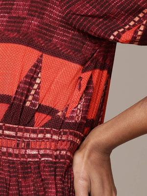 Ritu Kumar Women Orange & Rust Red Striped Ethnic Tiered A-Line Midi Dress - Distacart