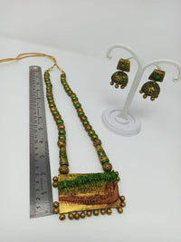 Thumbnail for Terracotta Green and Gold Kerala Style Rowing Boat Pendant Long Necklace Set with Temple Earrings