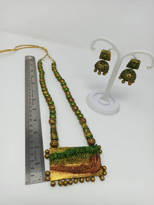 Terracotta Green and Gold Kerala Style Rowing Boat Pendant Long Necklace Set with Temple Earrings