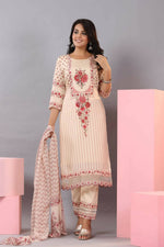 Thumbnail for Juniper Women Ecru Muslin Floral Printed Kurta, Pants and Dupatta Set - Distacart