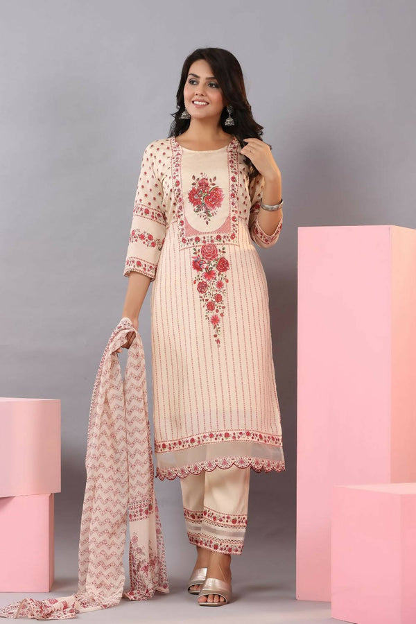 Juniper Women Ecru Muslin Floral Printed Kurta, Pants and Dupatta Set - Distacart