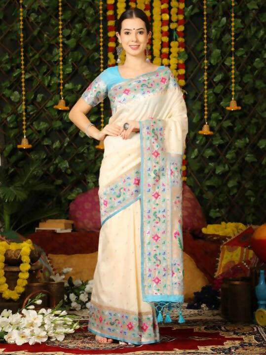 Vishnu Weaves Women's Off White Paithani Silk Zari Woven Saree with Unstitched Blouse - Distacart