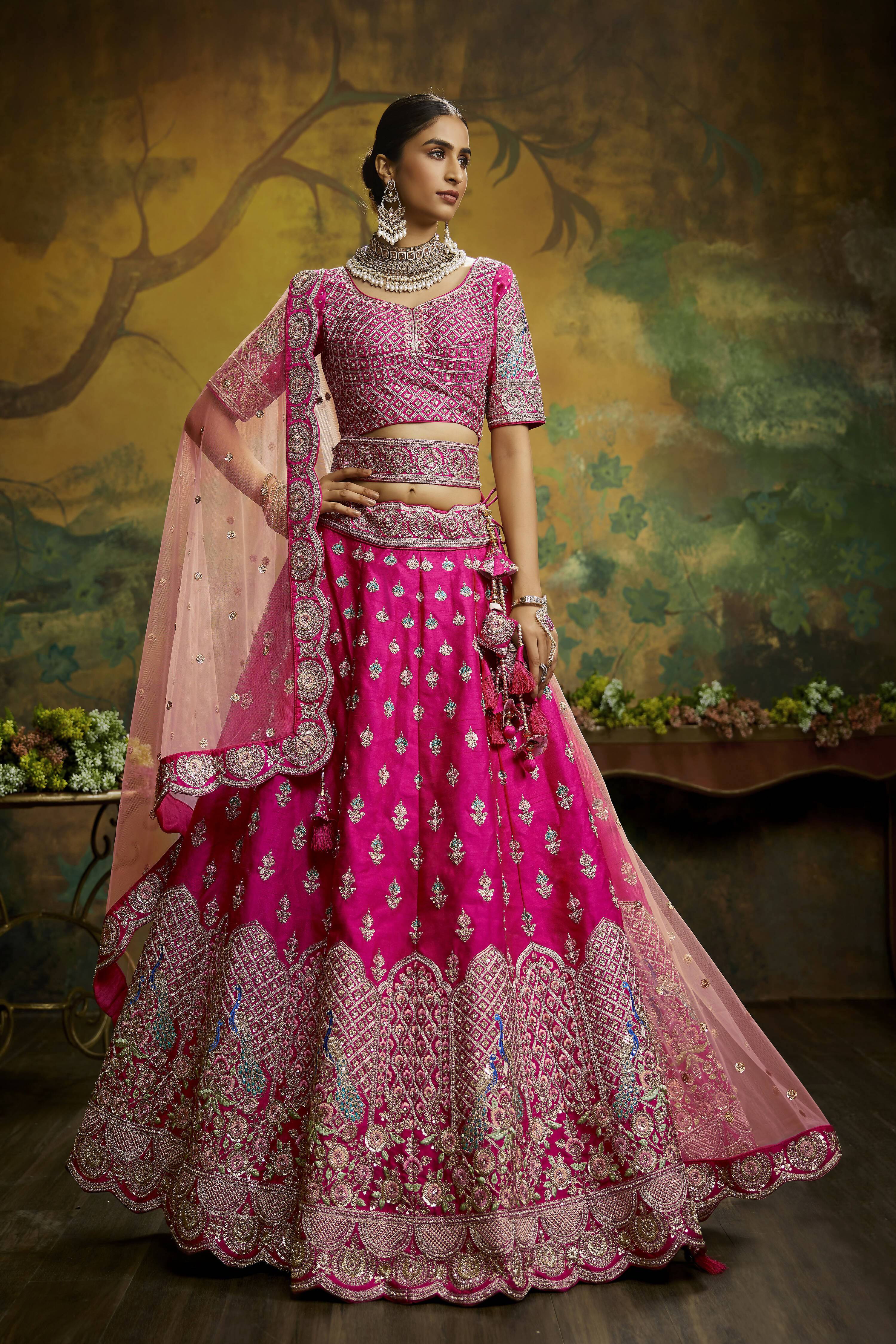House of Panchhi Pink Pure Silk Moti & Zarkan heavy embroidery Lehenga choli & Dupatta - Distacart