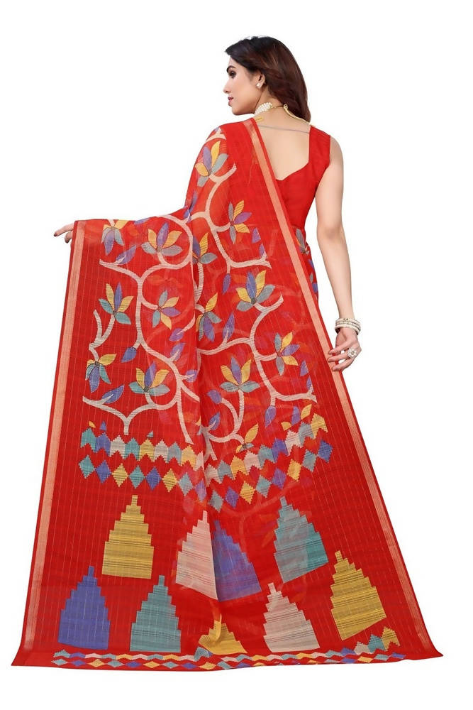 Vamika Red Linen Zari Border Beautiful Saree