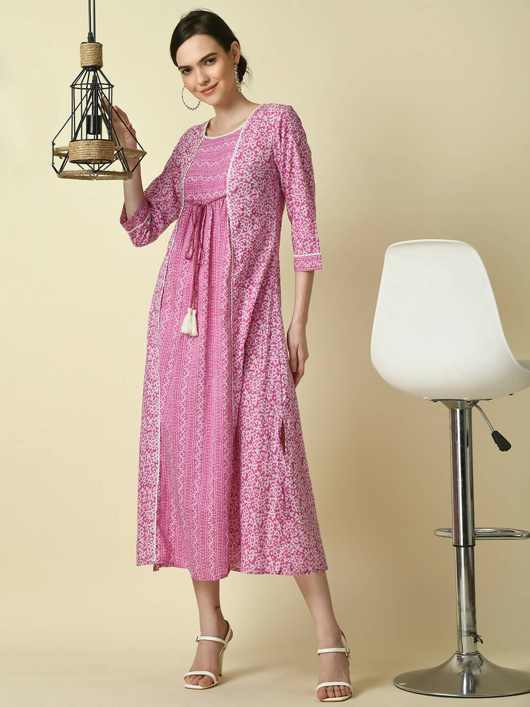 Myshka Women's Pink Floral Printed Gown Dress - Distacart