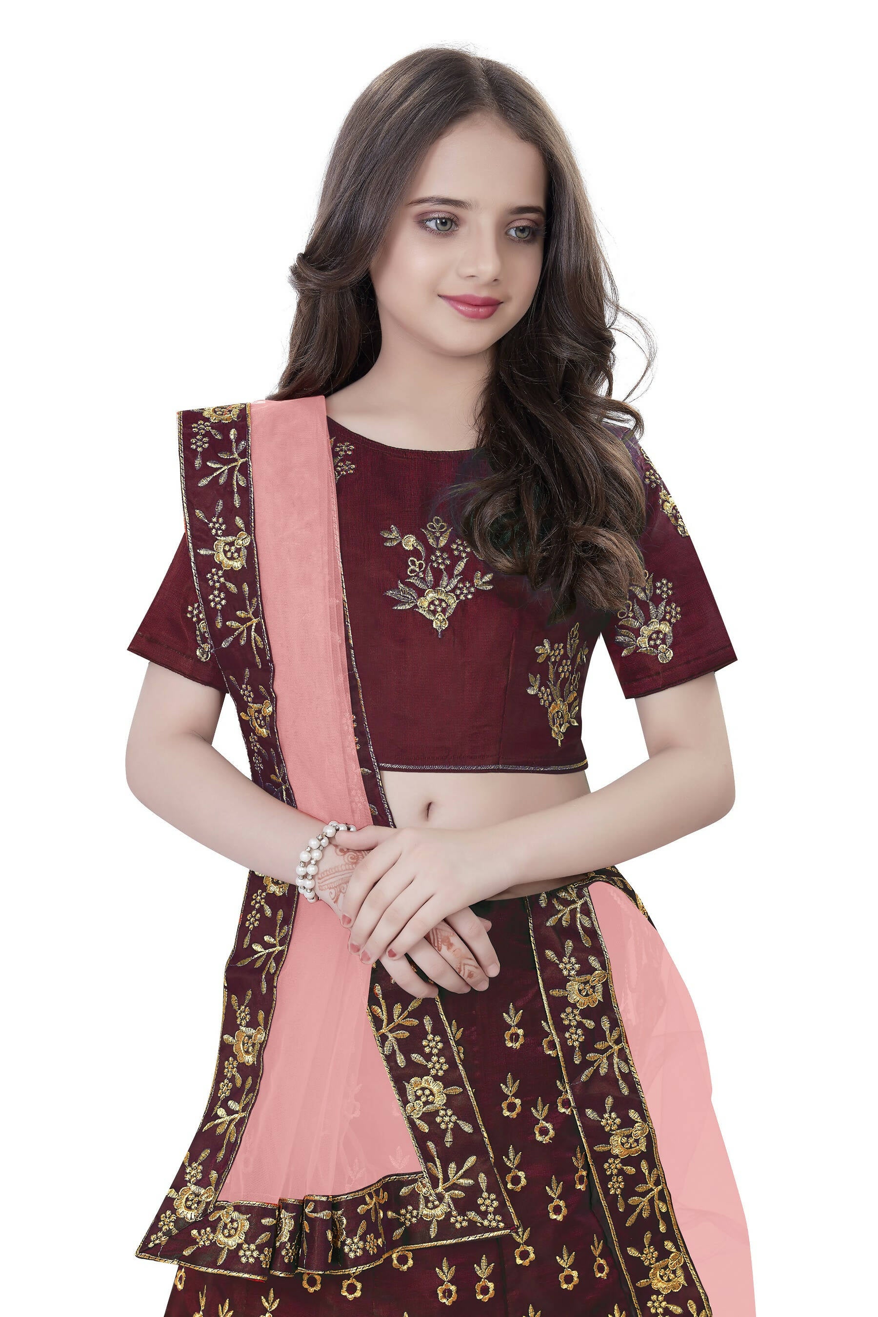 Dwiden Maroon Baby Doll Tafetta Sattin Semi-Stitched Girl's Lehenga
