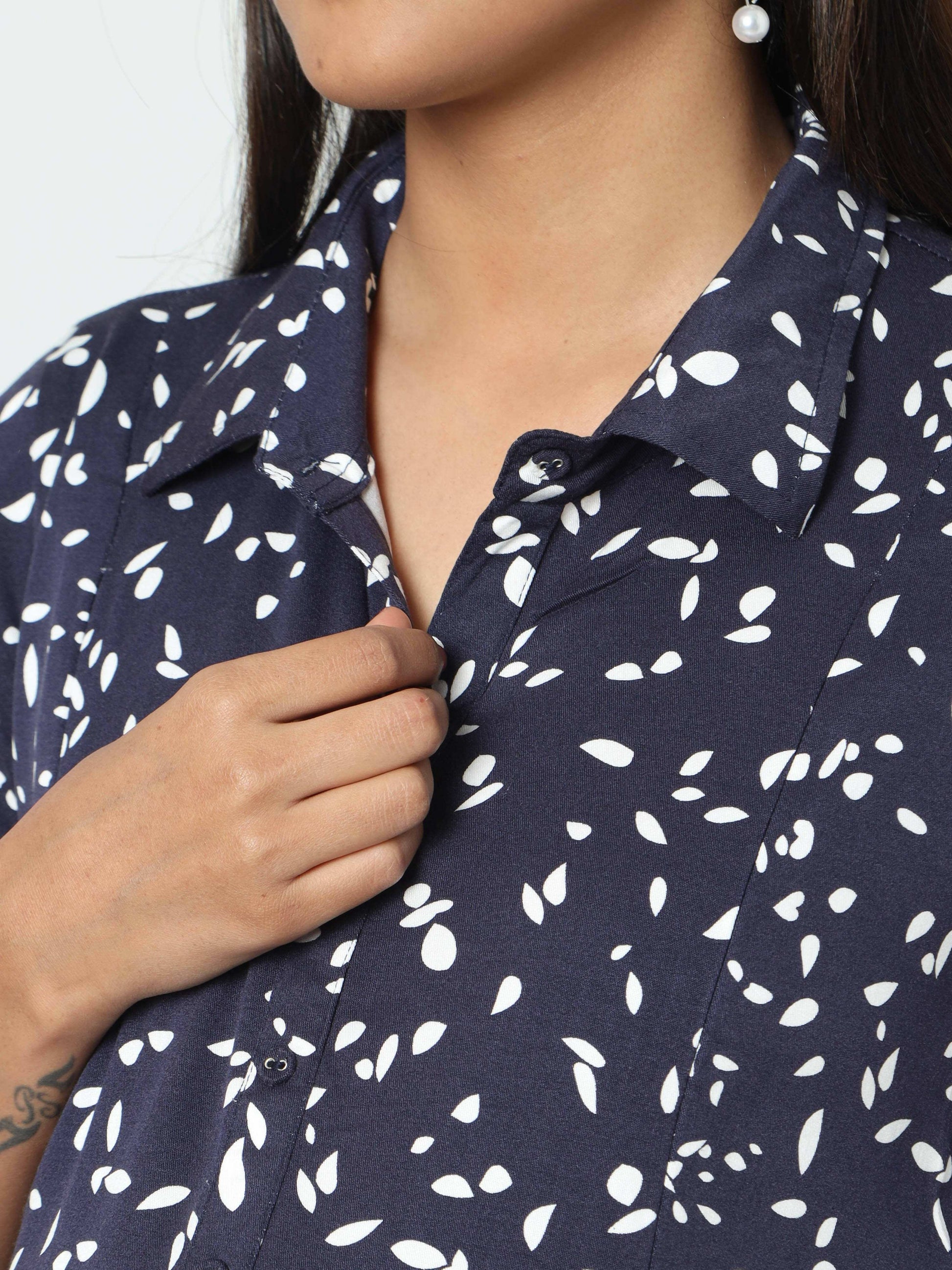 Manet Three Fourth Maternity Dress White Dot Print With Concealed Zipper Nursing Access - Navy Blue - Distacart