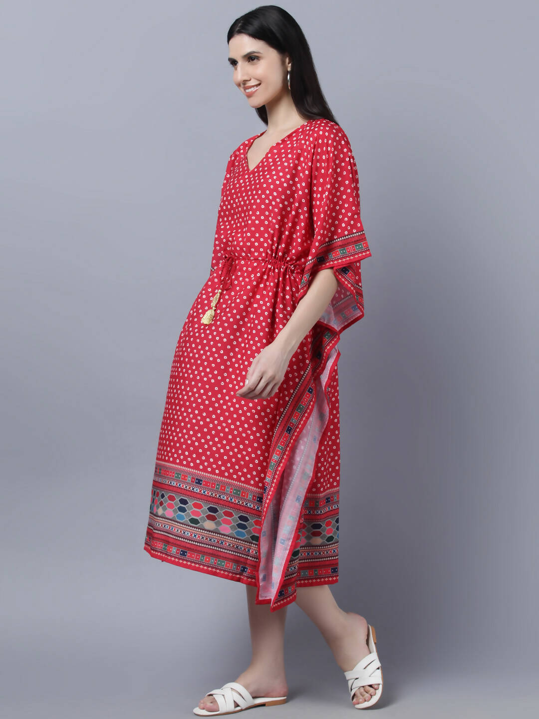 Myshka Women's Red White Ethnic Motifs Printed Kaftan Midi Dress - Distacart