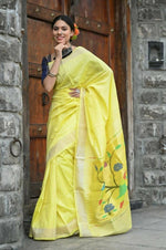 Thumbnail for Very Much Indian Handloom Pure Cotton Fresh Yellow Paithani - Distacart