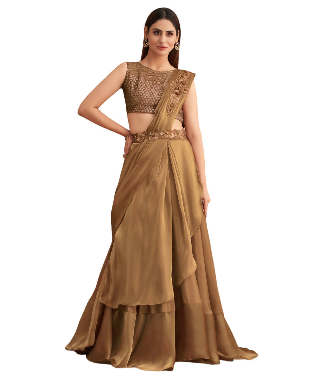 Beige Satin Embroidered Ready To Wear Saree With Unstitched Blouse Piece - Nandika - Distacart
