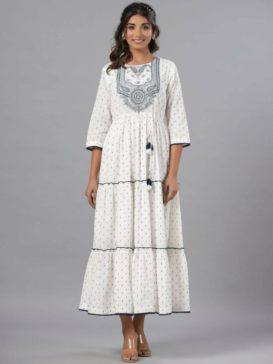 Juniper Women Off-White Cotton Dobby Embroidered Tiered Maxi Dress - Distacart