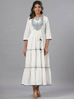Thumbnail for Juniper Women Off-White Cotton Dobby Embroidered Tiered Maxi Dress - Distacart