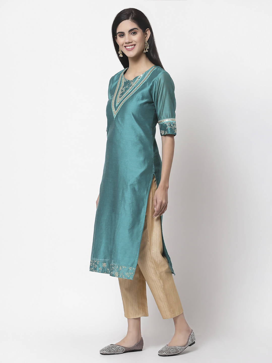 Myshka Women Teal Chanderi Solid Half Sleeve Round Neck Kurta