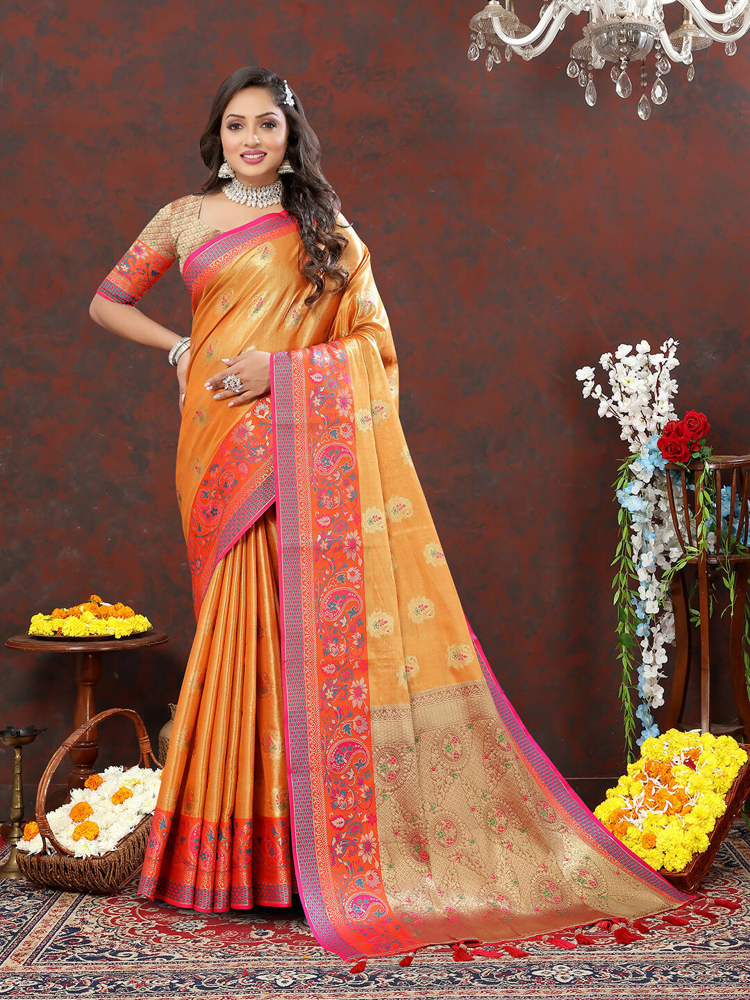 Lorenvalley Fashion Orange Kanjivaram Silk Woven Design with Zari Weaving Saree - Distacart