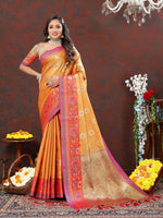 Thumbnail for Lorenvalley Fashion Orange Kanjivaram Silk Woven Design with Zari Weaving Saree - Distacart