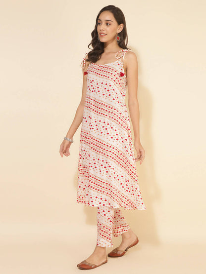 Janasya Women's White Cotton Geometric Printed Casual A-line Co-ords - Distacart