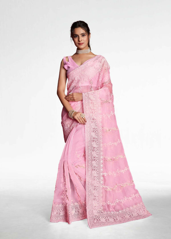 Vamsee Pink Organza Saree - Distacart