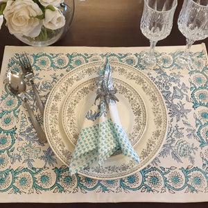 The Decor Nook Peony Floral Print Handblock Dining Table Set In Soothing Blue And Green Colour online