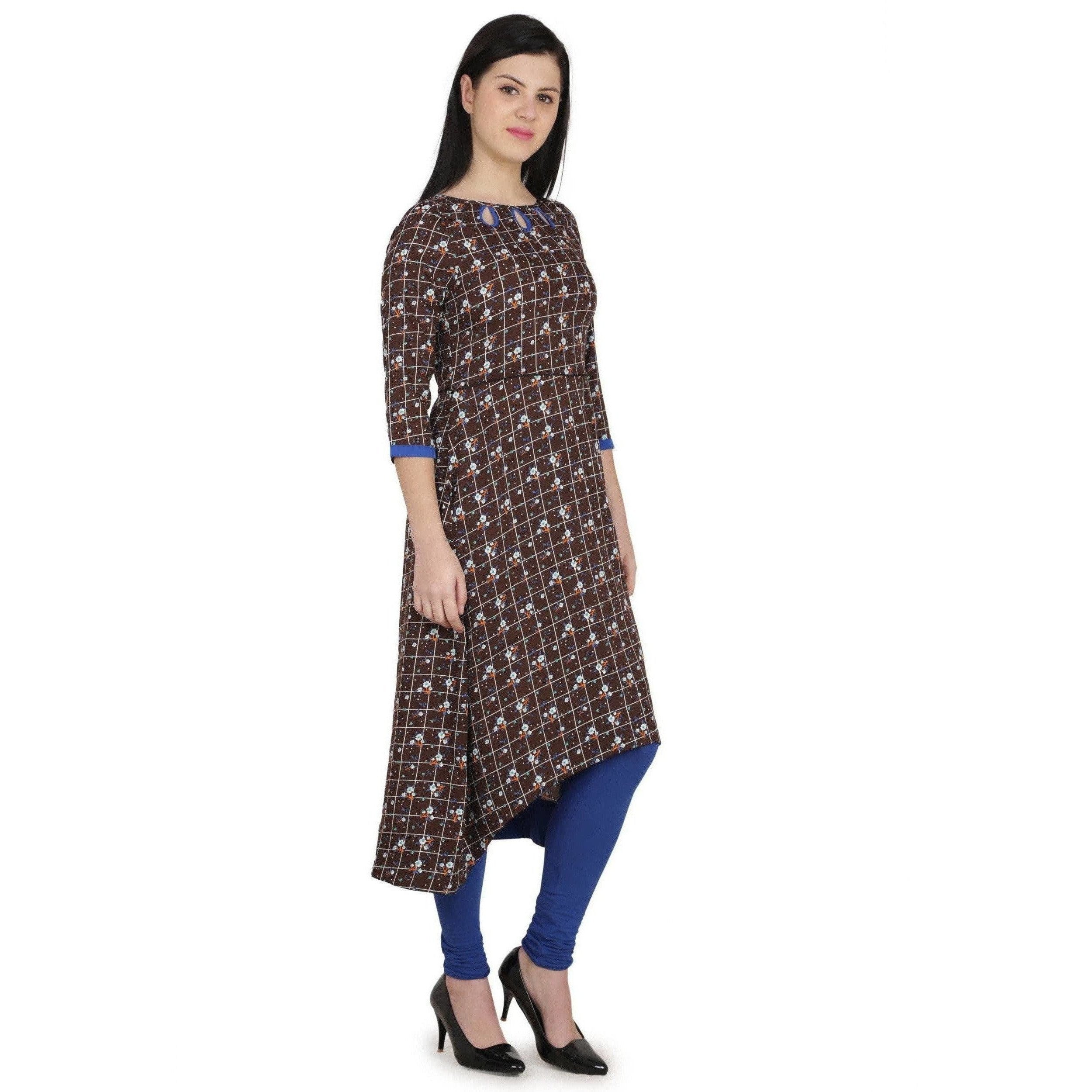 Kanoor Women's Brown High low Round neck kurti