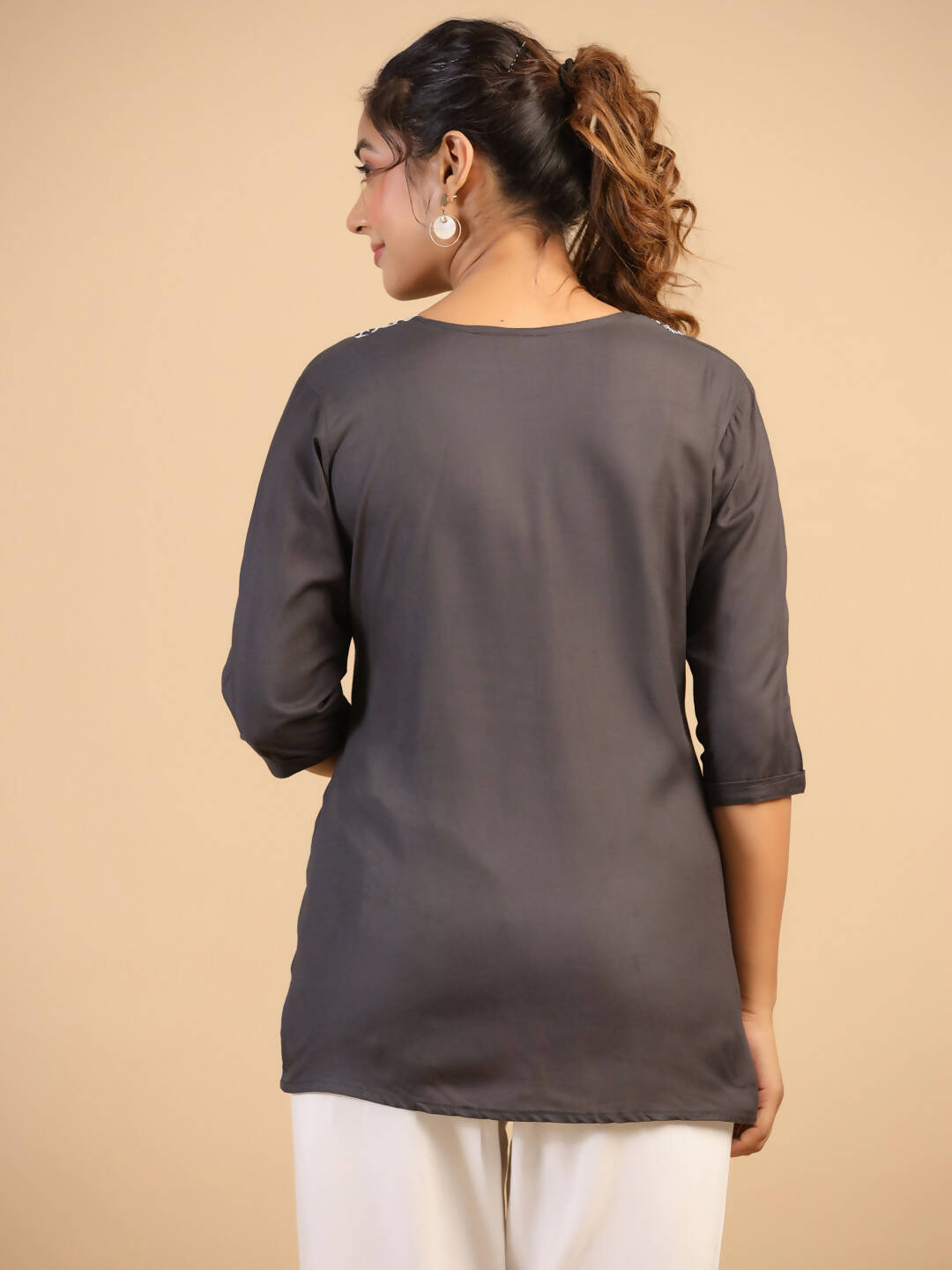 Womens Grey Rayon Yoke Embroidered Top - Keeva - Distacart