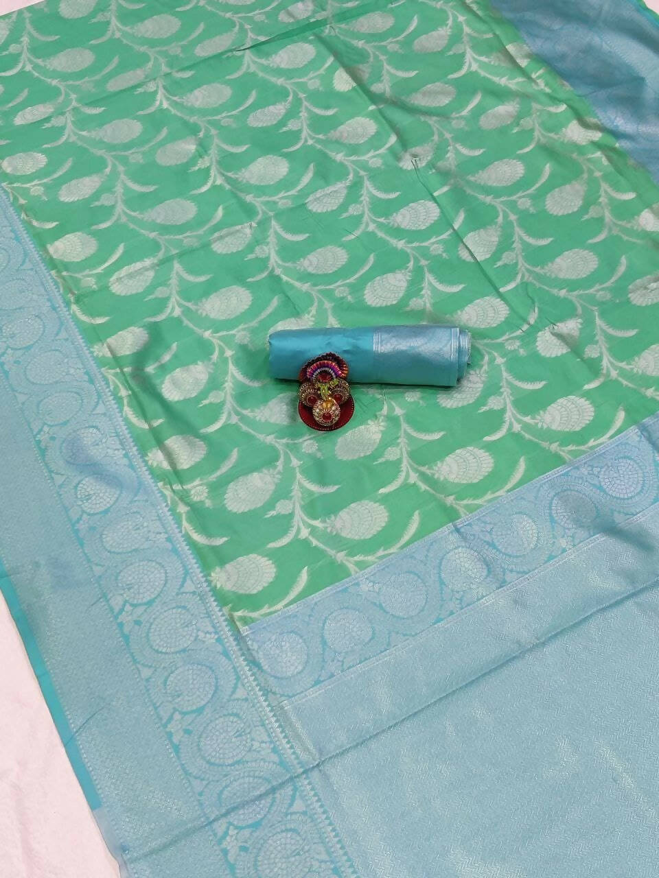 DEIANA'S Beautiful Golden Jari with New Design Soft Lichi Silk Saree - Pista - Distacart