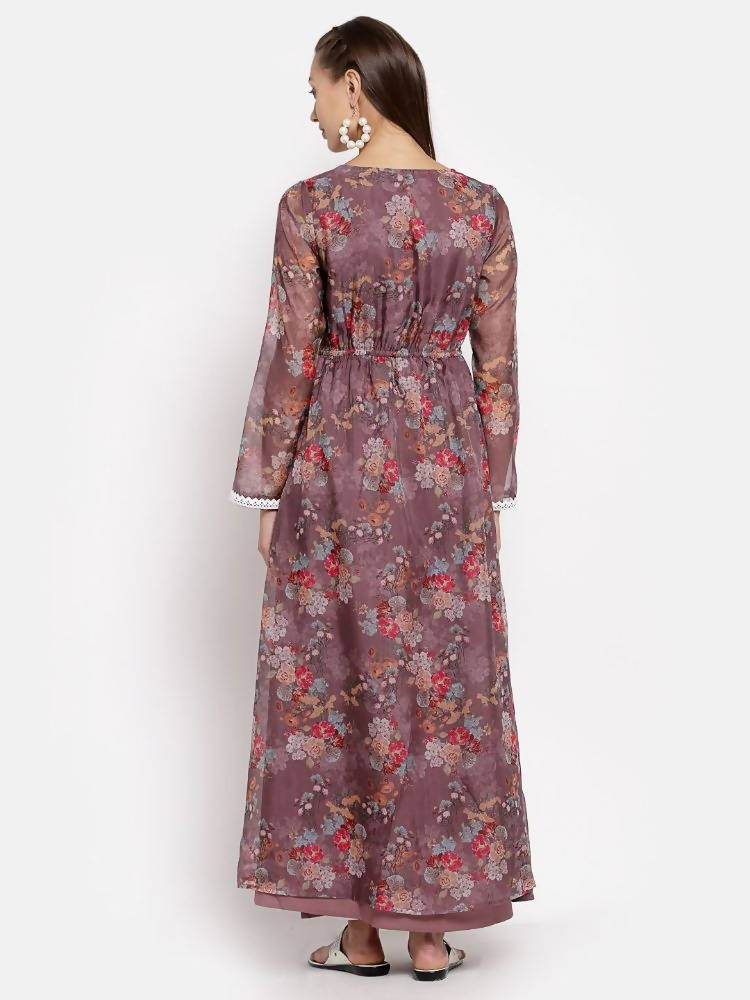 Myshka Women's Multi Organza Printed Full Sleeve Round Neck Casual Maxi Dress