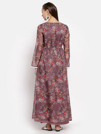Thumbnail for Myshka Women's Multi Organza Printed Full Sleeve Round Neck Casual Maxi Dress