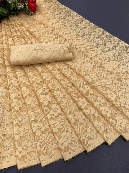 Vamika Brown Pearls Net Saree - Distacart